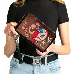 PU Zip Around Wallet Rectangle - The Ren & Stimpy Show Booty Bump Pose Brick Wall Browns