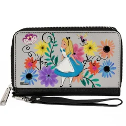 PU Zip Around Wallet Rectangle - Alice Pose/Cheshire Cat Face/Flowers of Wonderland + Flower Trio Gray/Multi Color