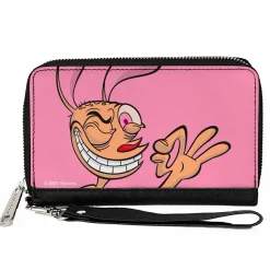 PU Zip Around Wallet Rectangle - The Ren & Stimpy Show Ren Winking Pose CLOSE-UP Pink
