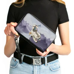 PU Zip Around Wallet Rectangle - Avatar the Last Airbender Appa Carrying 4-Character Group Scene Over Mountains Grays