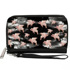 PU Zip Around Wallet Rectangle - Flying Pigs Black/White/Pink
