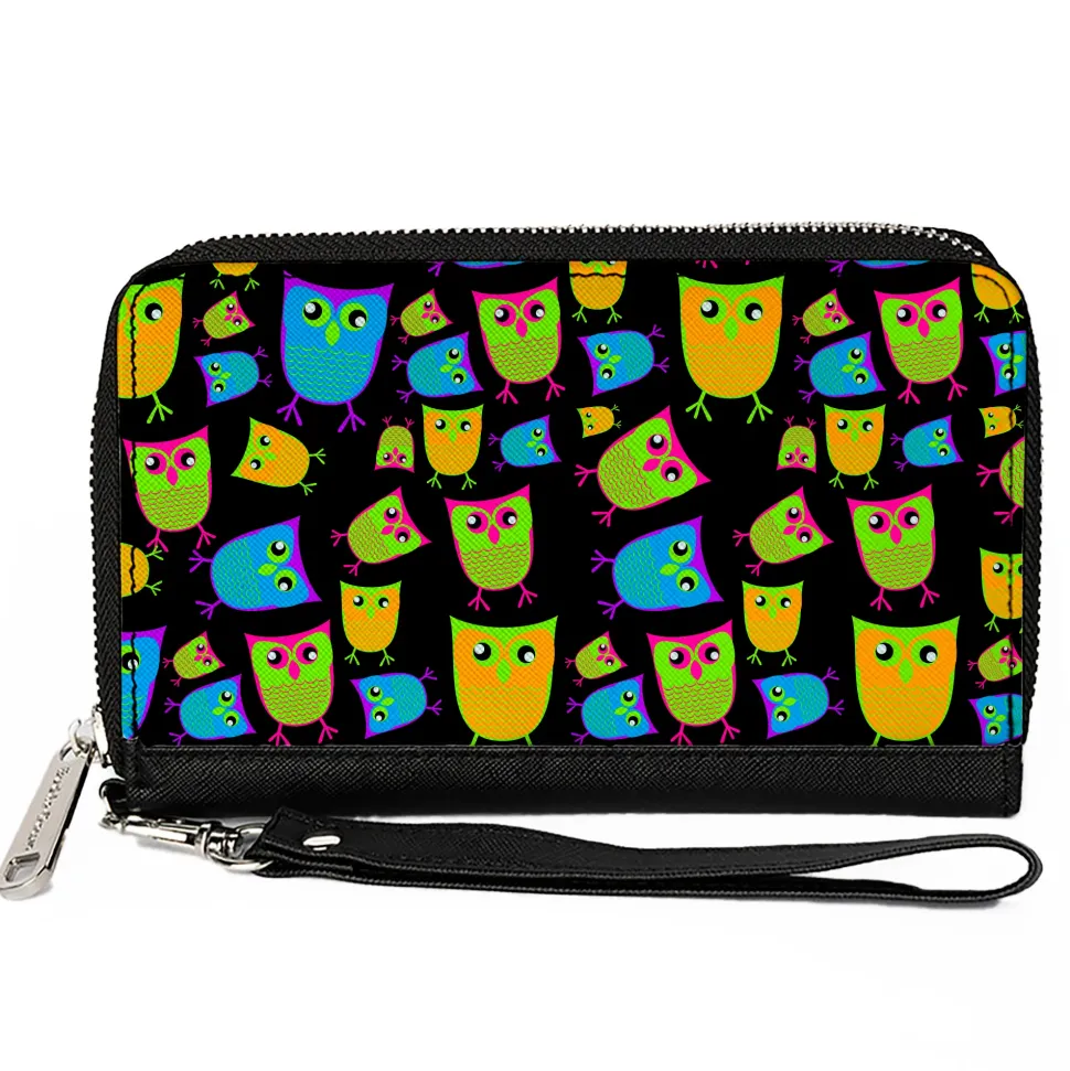 PU Zip Around Wallet Rectangle - Owls Black/Multi Neon