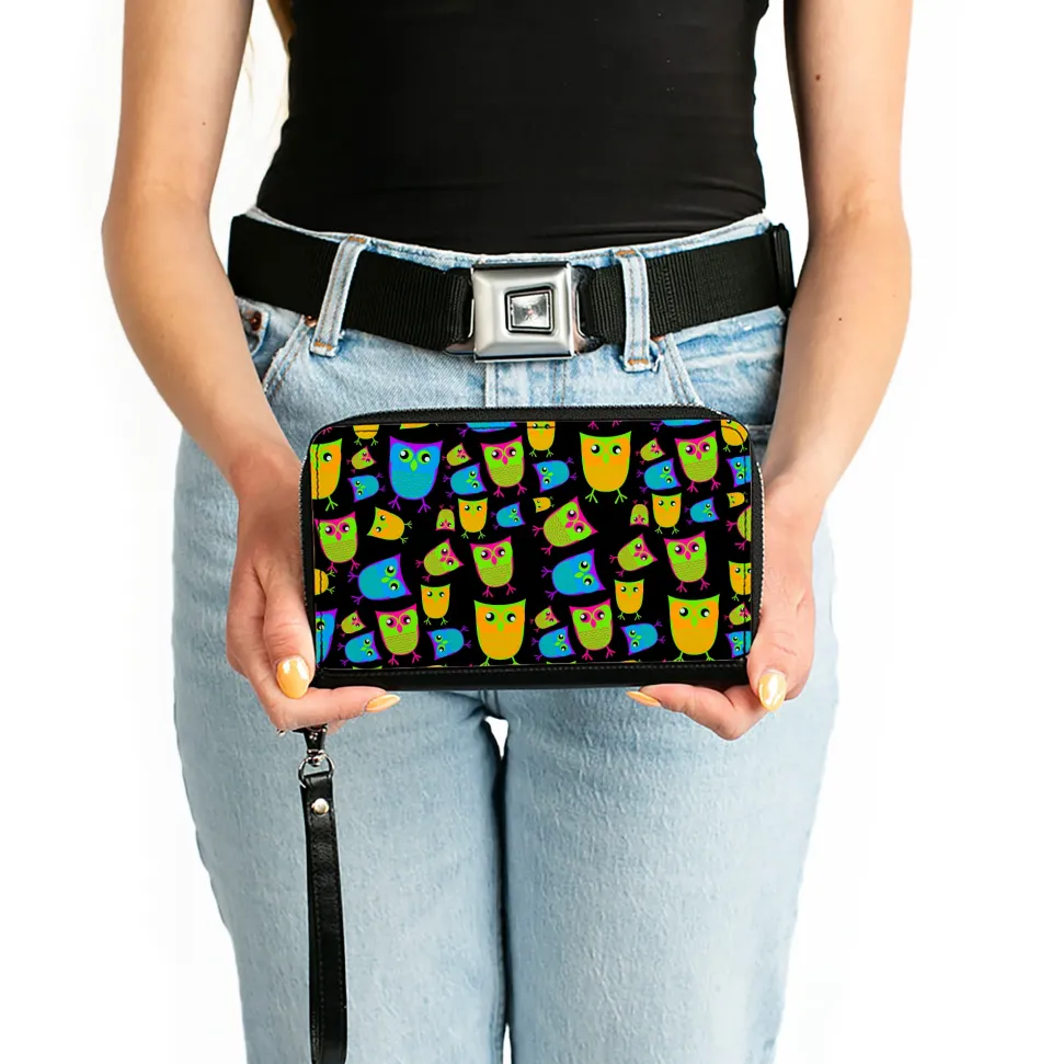 PU Zip Around Wallet Rectangle - Owls Black/Multi Neon