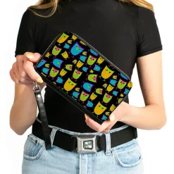 PU Zip Around Wallet Rectangle - Owls Black/Multi Neon