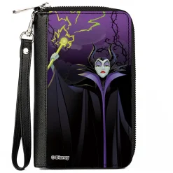 PU Zip Around Wallet Rectangle - Maleficent Raising Staff Pose Forest of Thorns Purples