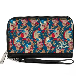 PU Zip Around Wallet Rectangle - REN AND STIMPY Multi-Pose Collage Blue