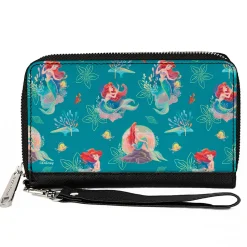 PU Zip Around Wallet Rectangle - The Little Mermaid Ariel with Flounder and Sebastian Poses Blue
