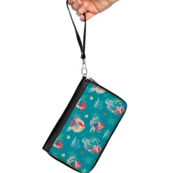 PU Zip Around Wallet Rectangle - The Little Mermaid Ariel with Flounder and Sebastian Poses Blue