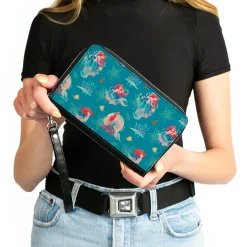 PU Zip Around Wallet Rectangle - The Little Mermaid Ariel with Flounder and Sebastian Poses Blue