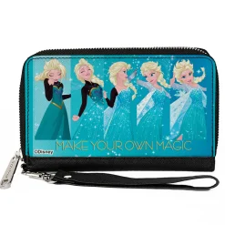 PU Zip Around Wallet Rectangle - Frozen Elsa MAKE YOUR OWN MAGIC Letting It Go Transformation Blocks Stars Aqua