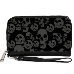 PU Zip Around Wallet Rectangle - Skulls Stacked Weathered Black/Gray