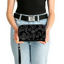 PU Zip Around Wallet Rectangle - Skulls Stacked Weathered Black/Gray