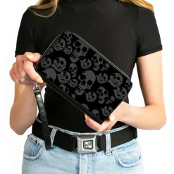 PU Zip Around Wallet Rectangle - Skulls Stacked Weathered Black/Gray