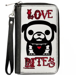 PU Zip Around Wallet Rectangle - Skelanimals Maxx the Bulldog LOVE BITES Pose White/Black/Red