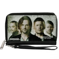 PU Zip Around Wallet Rectangle - Supernatural 4-Character Face Blur and Symbols Grays/Black