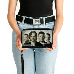 PU Zip Around Wallet Rectangle - Supernatural 4-Character Face Blur and Symbols Grays/Black