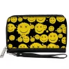 PU Zip Around Wallet Rectangle - Smiley Face Splatter Scattered Black/Yellow