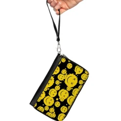 PU Zip Around Wallet Rectangle - Smiley Face Splatter Scattered Black/Yellow