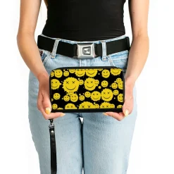 PU Zip Around Wallet Rectangle - Smiley Face Splatter Scattered Black/Yellow