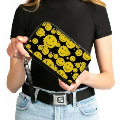 PU Zip Around Wallet Rectangle - Smiley Face Splatter Scattered Black/Yellow