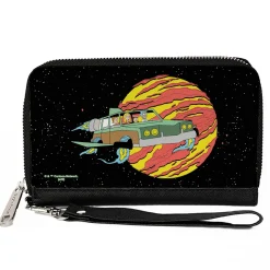 PU Zip Around Wallet Rectangle - Rick and Morty Smith Family Flying Car and Planet Pose Galaxy Black