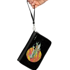 PU Zip Around Wallet Rectangle - Rick and Morty Smith Family Flying Car and Planet Pose Galaxy Black