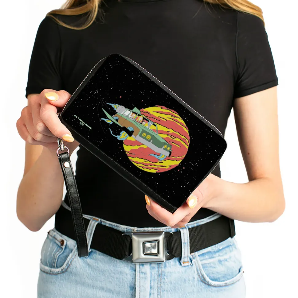 PU Zip Around Wallet Rectangle - Rick and Morty Smith Family Flying Car and Planet Pose Galaxy Black