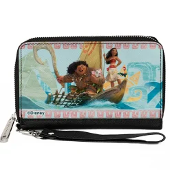 PU Zip Around Wallet Rectangle - Moana Voyage Group Pose/Tribal Icons Collage Blues