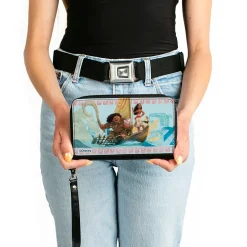 PU Zip Around Wallet Rectangle - Moana Voyage Group Pose/Tribal Icons Collage Blues