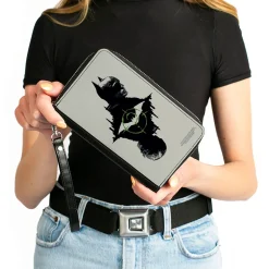 PU Zip Around Wallet Rectangle - The Batman Movie Batman and Riddler Poses and Logos Cityscape Grays Black Green
