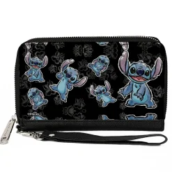 PU Zip Around Wallet Rectangle - Stitch 3-Poses Scattered/Hibiscus Sketch Black/Grays