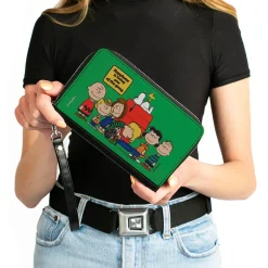PU Zip Around Wallet Rectangle - Peanuts Gang HAPINESS IS BEING ONE OF THE GANG Group Pose Green