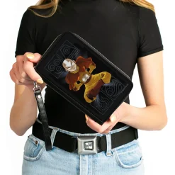 PU Zip Around Wallet Rectangle - Avatar the Last Airbender Aang Meditating Pose Bending Elements Icons Black Grays