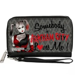 PU Zip Around Wallet Rectangle - Harley Quinn SOMEBODY IN ARKHAM CITY LOVES ME Grays/Black/Red