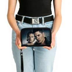 PU Zip Around Wallet Rectangle - Supernatural Winchester Brothers CLOSE-UP Pose Grays