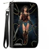 PU Zip Around Wallet Rectangle - Wonder Woman 2017 Standing Swords Pose with Lasso of Truth Blues/Golds