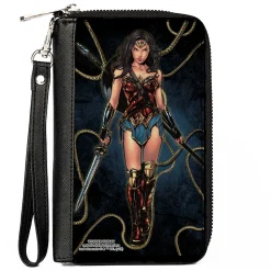 PU Zip Around Wallet Rectangle - Wonder Woman 2017 Standing Swords Pose with Lasso of Truth Blues/Golds