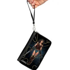 PU Zip Around Wallet Rectangle - Wonder Woman 2017 Standing Swords Pose with Lasso of Truth Blues/Golds