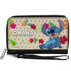 PU Zip Around Wallet Rectangle - Lilo & Stitch Stitch Winking Pose OHANA MEANS FAMILY Tropical Flora Cream/Multi Color