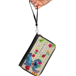 PU Zip Around Wallet Rectangle - Lilo & Stitch Stitch Winking Pose OHANA MEANS FAMILY Tropical Flora Cream/Multi Color