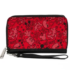 PU Zip Around Wallet Rectangle - Mickey Mouse Icon Doodles Collage Reds/Black