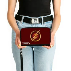 PU Zip Around Wallet Rectangle - The Flash Logo5 Burgundy/Golds