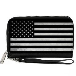PU Zip Around Wallet Rectangle - American Flag Weathered Black/White Single