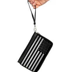 PU Zip Around Wallet Rectangle - American Flag Weathered Black/White Single