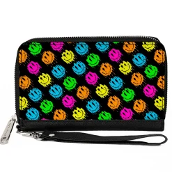 PU Zip Around Wallet Rectangle - Smiley Faces Melted Mini Repeat Angle Black Multi Neon