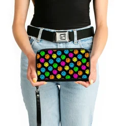 PU Zip Around Wallet Rectangle - Smiley Faces Melted Mini Repeat Angle Black Multi Neon
