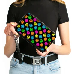 PU Zip Around Wallet Rectangle - Smiley Faces Melted Mini Repeat Angle Black Multi Neon