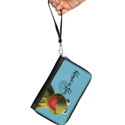 PU Zip Around Wallet Rectangle - The Muppets KERMIT THE FROG Portrait and Autograph Blue