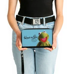 PU Zip Around Wallet Rectangle - The Muppets KERMIT THE FROG Portrait and Autograph Blue