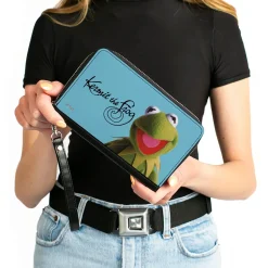 PU Zip Around Wallet Rectangle - The Muppets KERMIT THE FROG Portrait and Autograph Blue